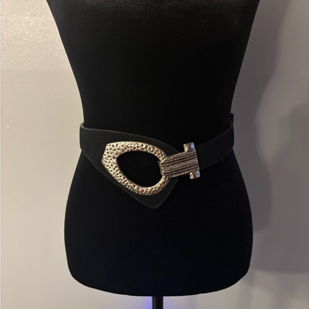 Coldwater Creek Black Leather Belt with Textured Silver Buckle 1X/2X